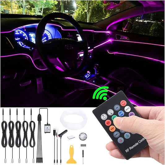 Car Interior Strip Lights, 5 in 1 Multicolor RGB Car Ambient Lighting Kit, 6m Fiber Optic EL Neon Tube Light, DIY Mode Music Sync RF Remote Control DC 12V