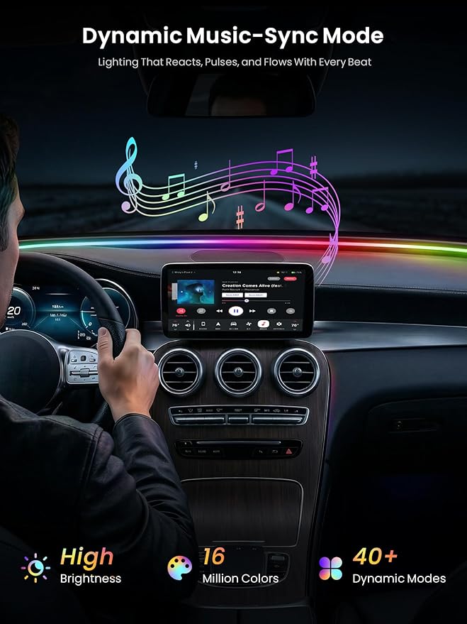 Car LED Lights Interior, 16M Colors APP & CarPlay Control, Music Sync, Auto-On/Off，Voltage Protection, Brightness Dimmer 12V DC LED Strip Lights for Car, Truck, SUV (Colorful 4.9ft)