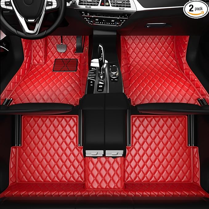 All-Weather car Floor MATS-Suitable for 99% of car Models,Leather car mat, offering Personalized Embroidery and Multiple Color Options,Provide Protection for car Rug (Red)