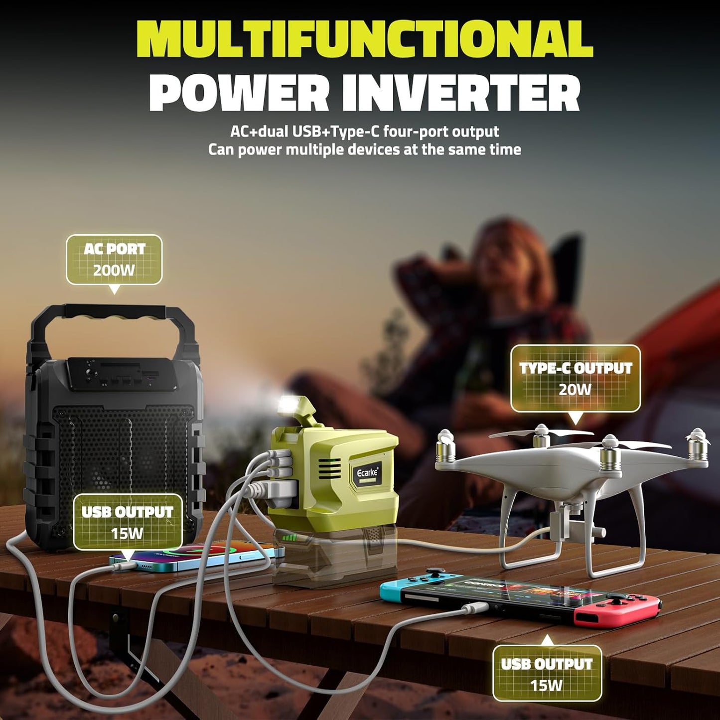 200W Portable Power Inverter Compatible with Ryobi 18V,Ecarke Outdoor Generato Battery Converter with 2 USB&LED&AC Battery Powered Outlet,Convert DC 18V/20V to AC 110V-120V Portable Power Station