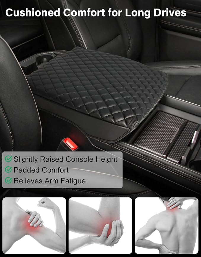 Center Console Armrest Cover for Dodge Ram 2019-2026 1500 2500 3500 Accessories, Vinyl Leather Middle Armrest Cushion Pad Anti-Scratch, Black (Fits Bucket Seat Only)