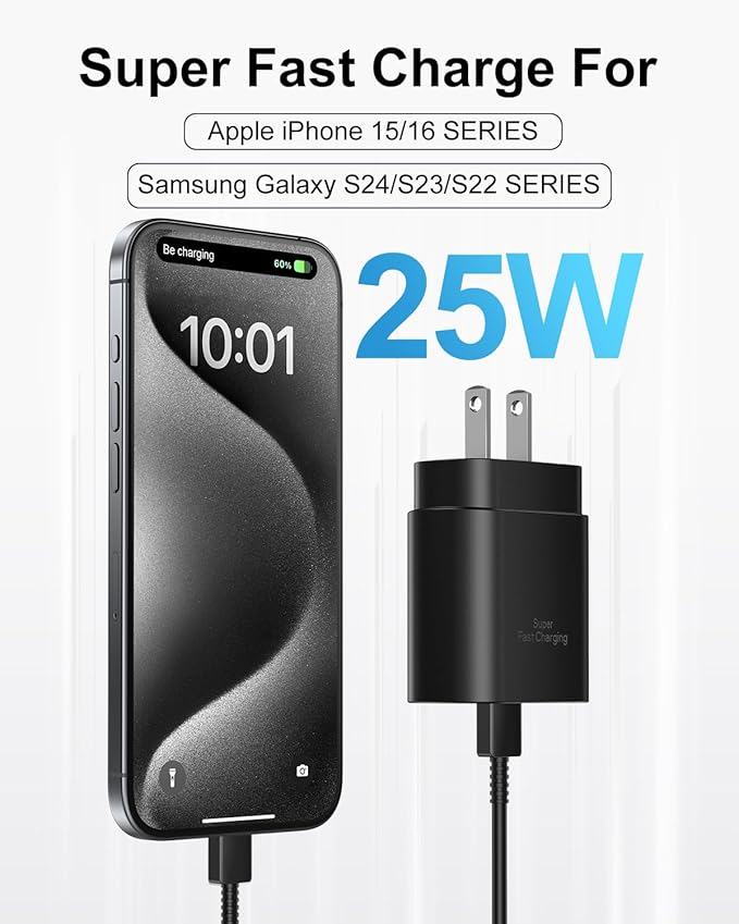 Type C Charger Fast Charging, 2Pack [10FT&6FT] Long USB C Cable with 25W Phone Super Fast Charger Block Compatible with Galaxy S25/S24/Plus/Ultra,iPhone 15/16/17/Air/Plus/Pro Max