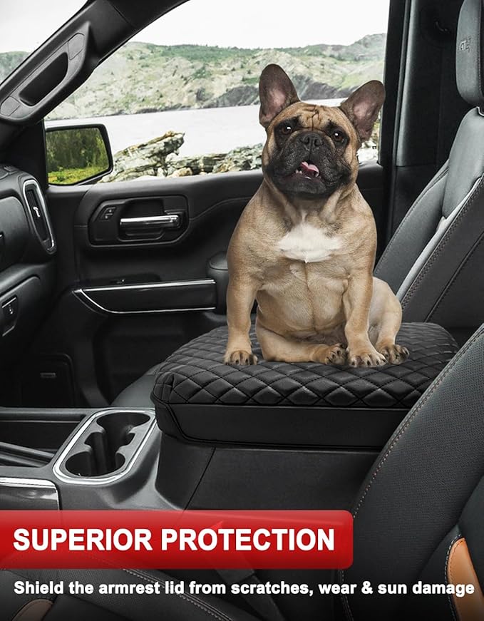 KBH Center Console Armrest Cover for Chevy Chevrolet Silverado & GMC Sierra 2019-2026, Tahoe & Suburban & Yukon 2021-2026, Bucket Seat Only, Vinyl Leather Car Arm Rest Box Cushion Pad Covering, Black