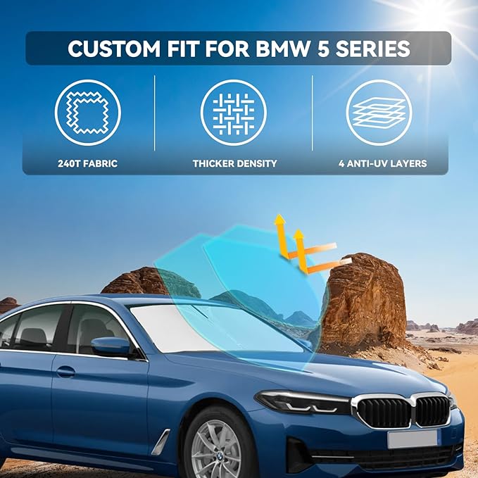 for BMW 5 Series 2017-2026 Windshield Sun Shade - 4 Layers for Front Windows Shade Cover Custom Fit 5 Series 525i 520i 528i 530i 535d 535i 550i 250T Retractable Shade Blocks UV Rays Car Accessories