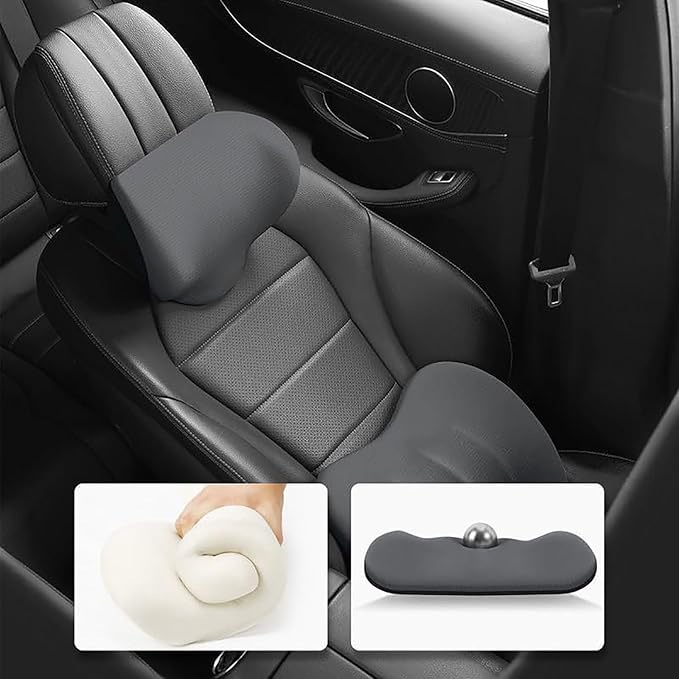 Car Headrest & Lumbar Support Cushion for Dodge Ram 1500 2019-2025, Ergonomic Car Seat Headrest Memory Foam Neck and Back Pillow Kit Breathable Removable for Driving Fatigue Relief,A/Black