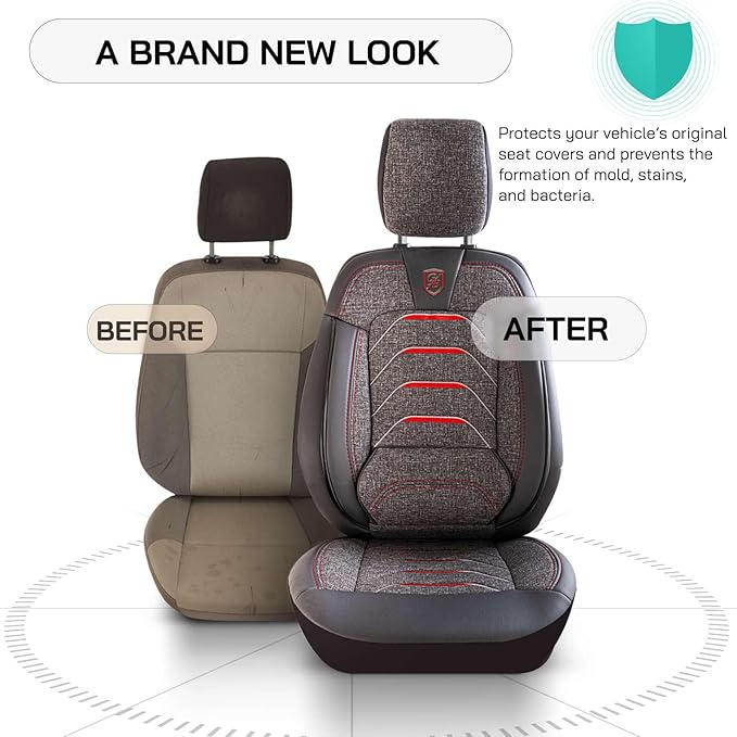 Premium Car Seat Covers Front Seat - Linen Car Seat Cover for SUV, Cars, Most Pickups, Smoke Grey-Red Stitching, Car Seat Protector, Car Seat Covers Front Seats, Car Seat Protector