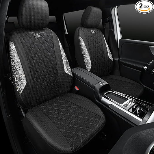 CAR PASS Oxford Bling Diamond Car Seat Covers 2 Front Interior Sets, Waterproof Shining Glitter Sparkly Crystal Universal Armrest Fit 95% Automotive Truck SUV Cute Women Girl, Black Silver Rhinestone