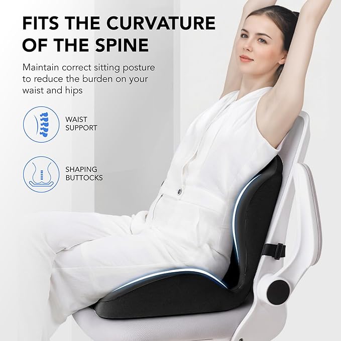 Ergonomic Waist Support and Seat Cushion, 2-in-1 Memory Foam Pad, Hollow Design for Coccyx, Suitable for Office Chairs, Car Safety Seats and Household Use - Relieves Lower Back and Hip Pain (Black)
