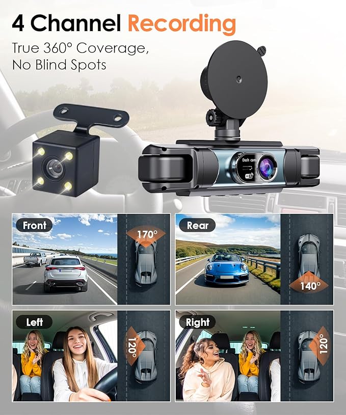 4 Channel Dash Cam 360° View, 2K Car Dash Cam Front and Back, 4-Way Front Rear Inside Recording, APP Control, 8 IR Night Vision, Parking Monitor, G-Sensor, Free 64GB TF Card