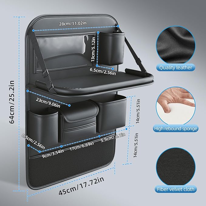 Primst 2 Pack Leather Car Backseat Organizer with Foldable Table Tray, Car Storage Organizer with Tablet Holder, Car Seat Back Protectors Kick Mats Travel Accessories