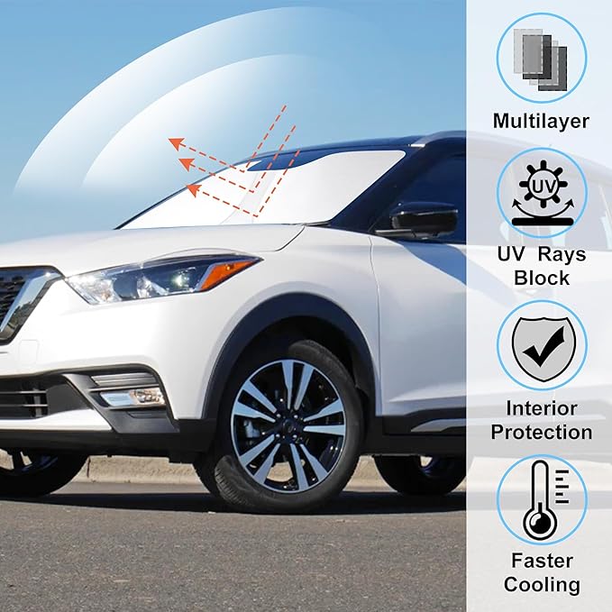 Windshield Sun Shade Custom Fit 2018 2019 2020 2021 2022 2023 2024 Nissan Kicks S SV SR Crossover Accessories Front Sunshade Sun Visor Protector Keeps Cool