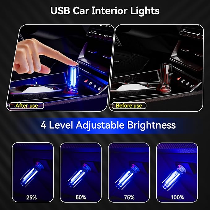 4 PCS USB Night Light, Touch Dimmable Mini USB LED Car Interior Ambient Lights, Portable Plug-in Glass Bottle Night Lamp for Car, Tent, Desk, Bedside(2Red&2Blue)