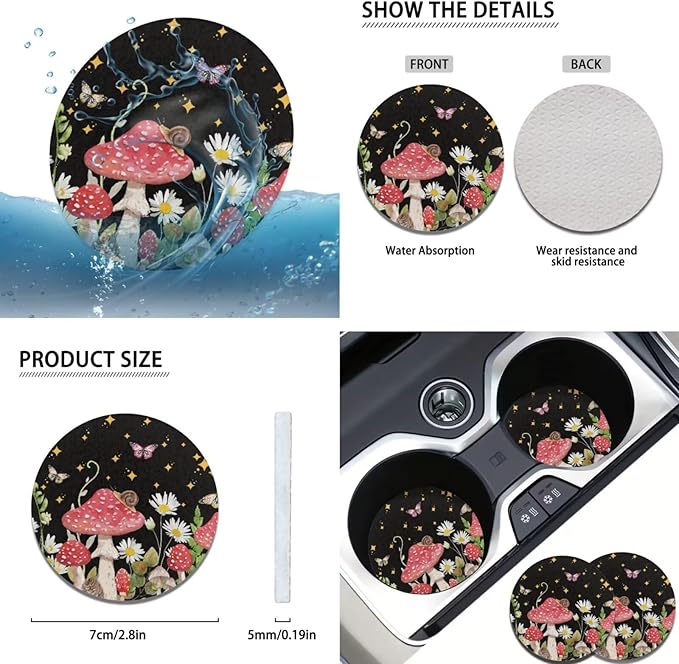 Mushroom Print Car Steering Wheel Cover Set for Men Women Mushroom Car Interior Accessories Cup Coaster Cars Handbrake Cover Universal Fit Truck Van SUV
