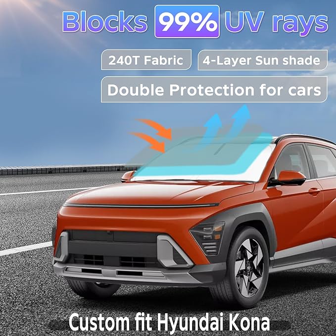 Sun Shade Sunshade for Hyundai Kona 2018-2024 2025 Windshield Cover, 4-Layers Sun Shield 250T Silver Sun Visor Foldable Front Window Shades Blocks UV Rays Car Accessories