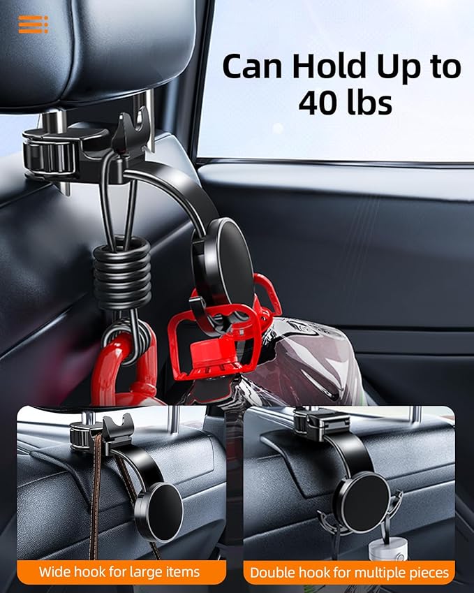 1 Pack Headrest Hook for Car Seat Back with Magnetic Phone Holder, Multifunctional Car Seat Hooks for Purses and Bags Handbag Grocery Bag, Purse Hanger Car Organizers and Storage Accessories