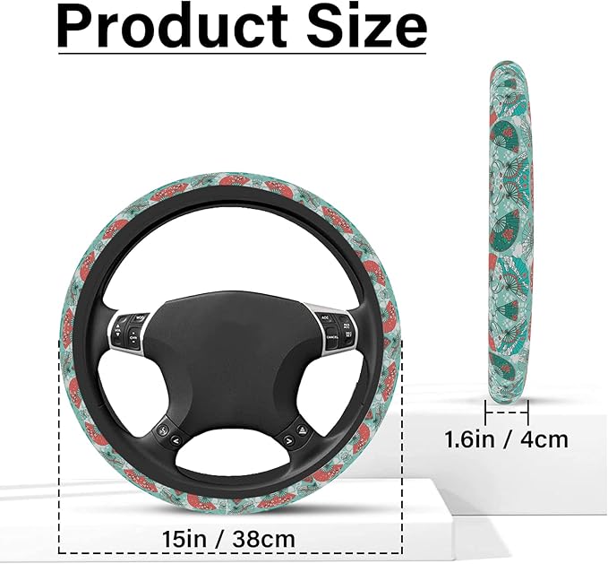 Green and Red Fan Steering Wheel Cover, Cute Print Steering Wheel Cover Protector, Ultra Thin Breathable Non-Slip, Car Accessories for Women, for Steering Wheel with a Diameter of 14.5"-15"