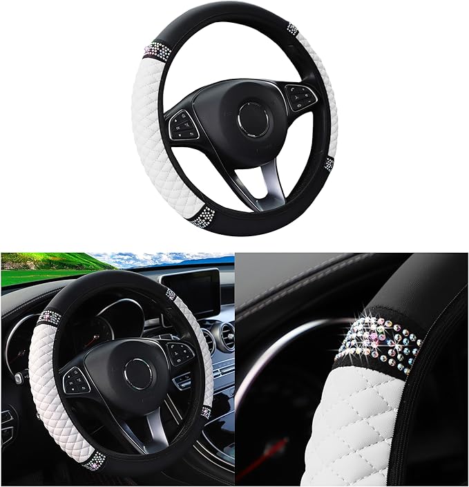 Bling Car Steering Wheel Cover, 15 Inch Rhinestones Soft Leather Elastic Steering Wheel Protector, Sparkly Crystal Diamond for Women Girls, Car Interior Accessories for Most Cars (White)