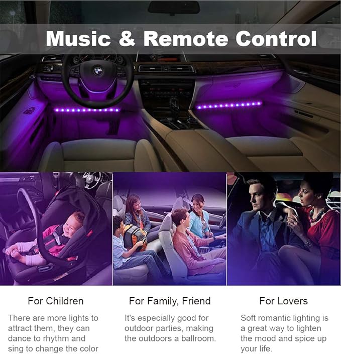 Led Interior Car Lights, Controller Led Lights for Cars, Multicolor Music Underglow Lighting Kits with Wireless Control and Sound Active Function, Car Charger Included, DC 12V