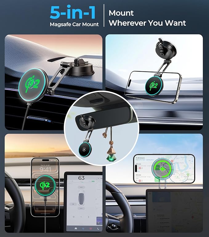Certified Qi2 Car Phone Mount Charger for MagSafe, 360° Adjustable & Folding Arm, Universal Dashboard Windshield Mirror Screen Magnetic Holder for Tesla Model 3/Y Accessories & iPhone 17/16/15 Pro Max