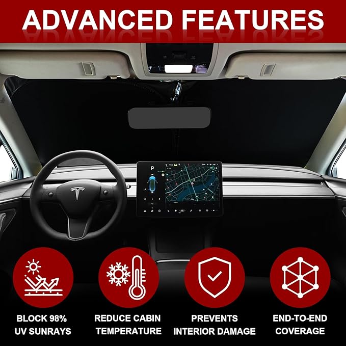 Car Windshield Sunshade for Tesla Model Y/3 - Folding Front Window Sun Shade Cover with Upgraded UV Protection Fabric, Professional Accessories for Tesla Model 3/Y 2016 to 2026 with a Storage Bag