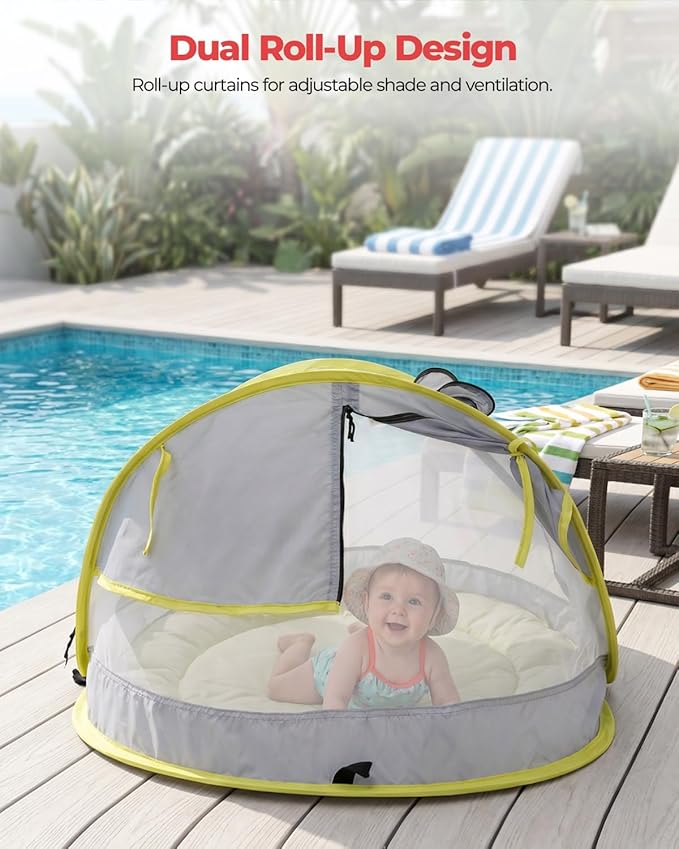 Poray Portable Baby Beach Tent with UPF 50+ Sun Shelter,Mosquito Net and Sunshade, Ideal Pop Up Kids Travel Tent with Carry Bag & 2 Stakes,Outdoor Indoor Play and Sun Protection