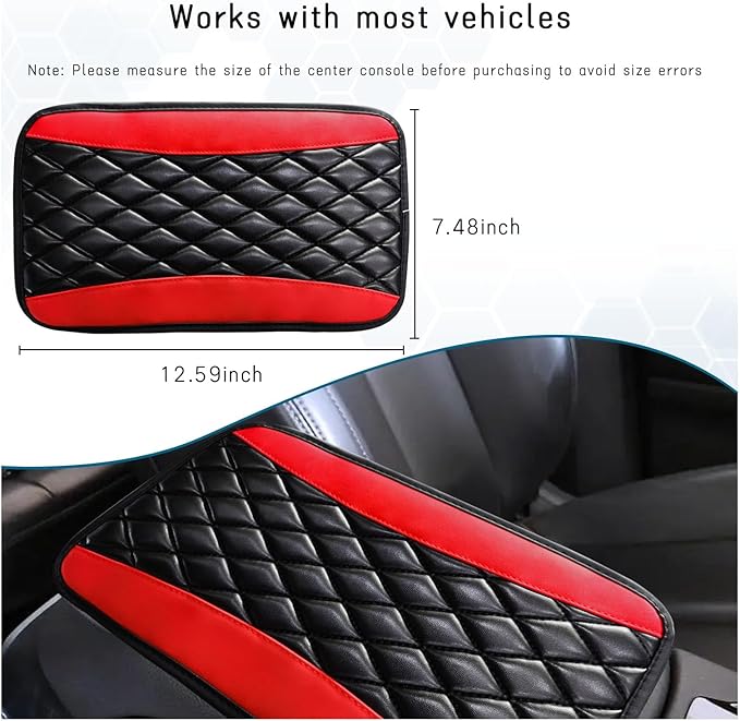 Car Center Console Cushion Pad, Universal Leather Waterproof Armrest Seat Box Cover, Comfortable Auto Armrest Cover Protector, Car Interior Decor Accessories for Most Vehicles (Black & Red)