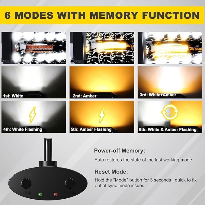 5D 52'' inch Straight LED Light Bar + 4'' inch White/Amber Yellow LED Pods Strobe Light Driving Fog Light Spot Flood Combo Beam Offroad Lighting with Switch Wiring Harness for Truck Pickup ATV
