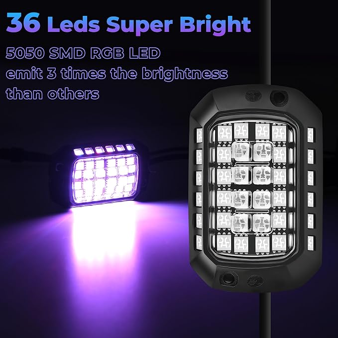 8 Pods 36 LEDs RGB Rock Lights Compatible with 12V Trucks Jeep UTV SUV ATV Boat Golf Cart,Waterproof, Multi-Color App/Remote Control Underglow Lights with Music Mode Plug and Play Easy Installation