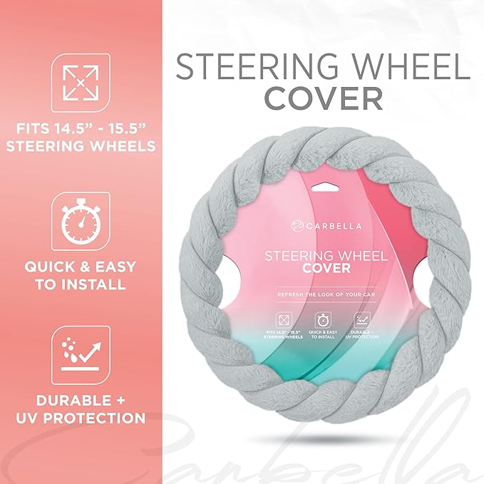 Carbella Twisted Fur Gray Steering Wheel Cover, Standard 15 Inch Size Fits Most Vehicles, Fuzzy Fluffy Car Steering Cover with Soft Faux Fur Touch, Car Accessories for Women
