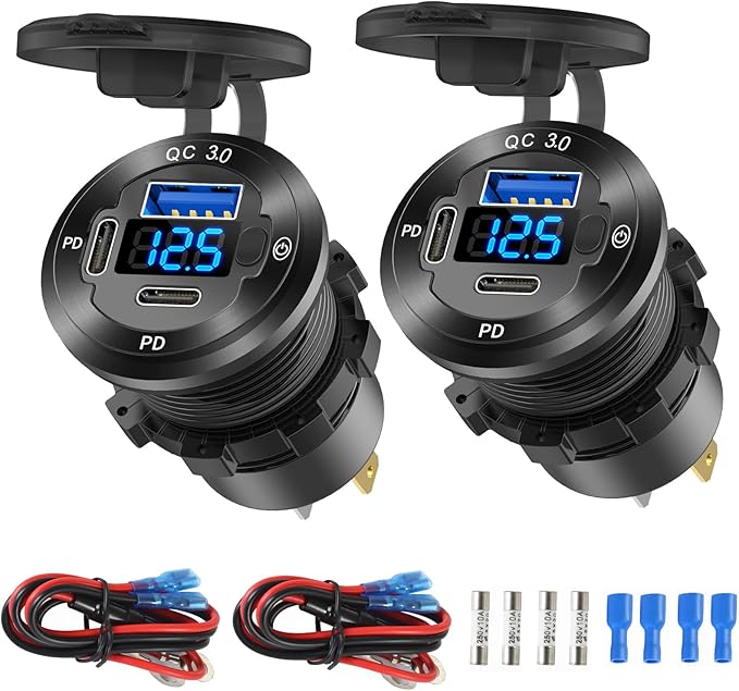 2 Pack 12V USB Outlet 3 Port Car Charger Socket, 78W Dual PD USB C 30W and Quick Charge3.0 Port Aluminum Charger Waterproof with Voltmeter and Button Switch for Boat Marine Motorcycle RV Truck, etc