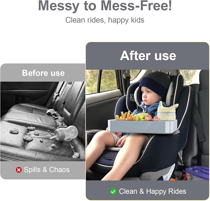 Car Seat Snack Tray for Toddlers - 3 Inch Cup Holder Fits Most Sippy Cups & Straw Bottles with Dip Well, Mess-Free Square Kids Travel Tray Road Trip Essentials, Grey