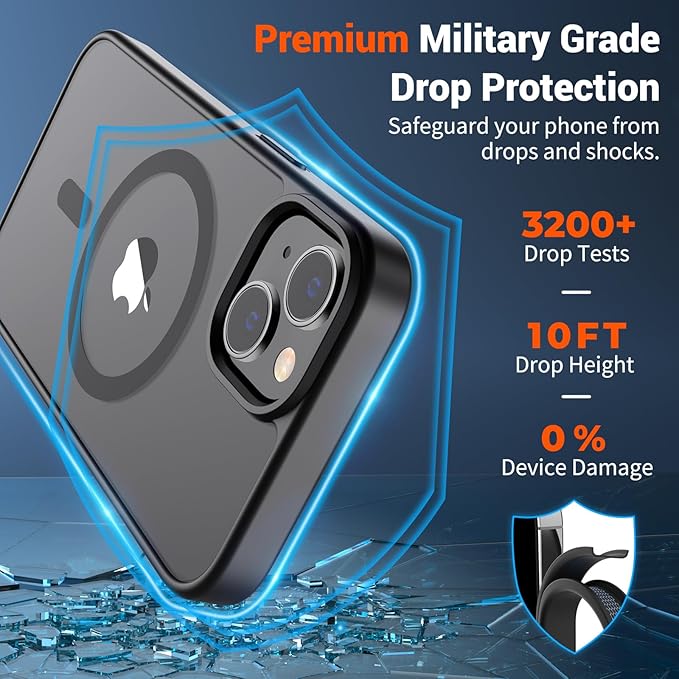 SUPFINE Magnetic for iPhone 15 Case (Compatible with MagSafe) (Military Grade Drop Protection) Translucent Matte Shockproof Phone Cover, Black