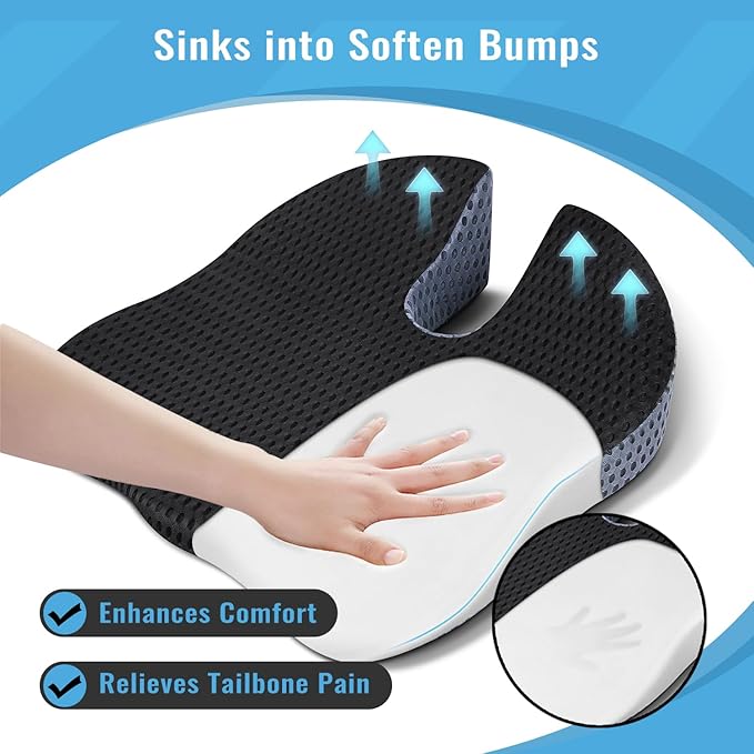 Car Wedge Seat Cushion Memory Foam Coccyx Orthopedic Seat Pillow for Office Chairs, Wheelchair, Kitchen Chairs, Recliner, Car Seats