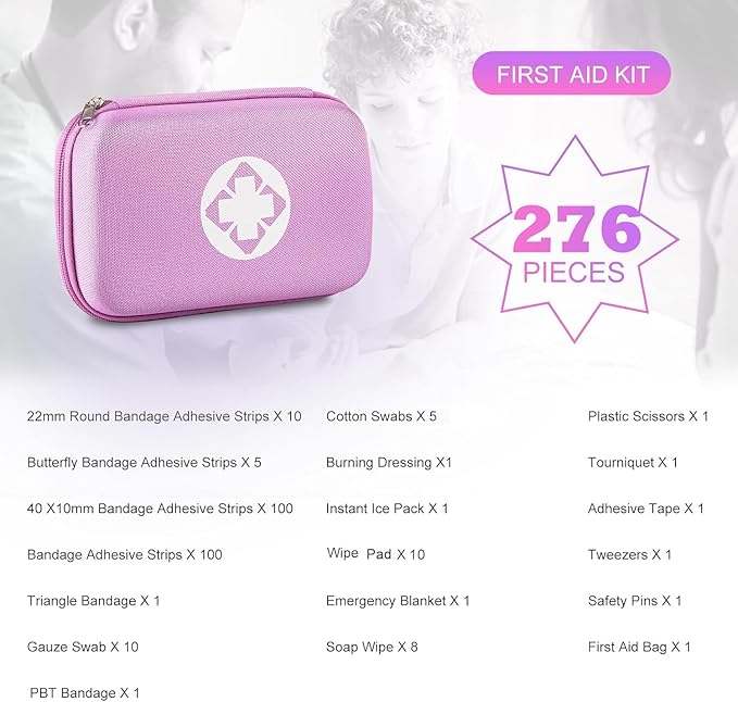 277PCS Compact Emergency First Aid Kit for Car Business Travel Size Backpacking Gear Bag Camping Essentials Survival Kit Supplies for Road Trips, Hiking, Outdoor Play Pink AMORNING