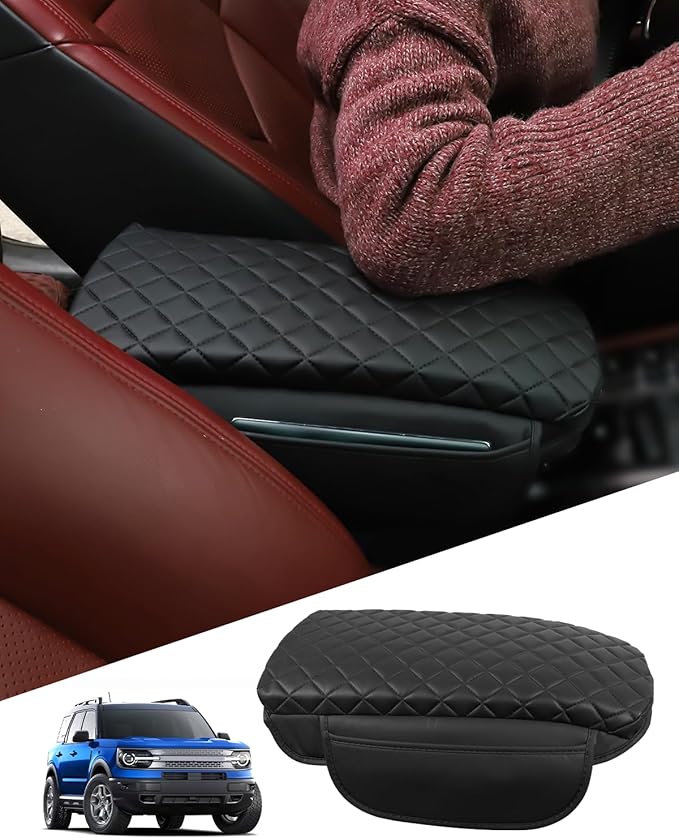 for Bronco Sport Center Console Armrest Cover 2026 2025 2024 2023 2022 2021 Bronco Sport Accessories Black with Pockets Upgrade Arm Rest Pad Console Cushion Lid