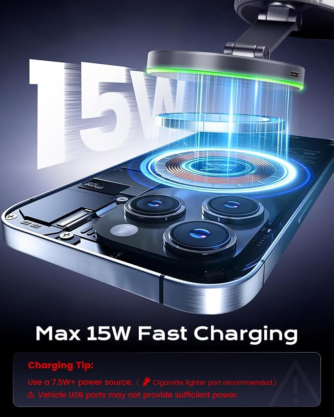 Magnetic Phone Charging Holder Mount for Magsafe Car Mount Charger, 15W Fast Charger Wireless [108+LBS Suction & 3800gf Magnetic], 360° Vacuum Magnetic Phone Holder for iPhone 17 Pro Max Air 16-12