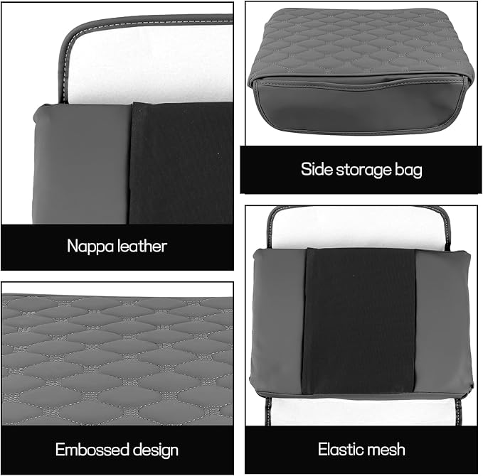 wuyaoyao Car Center Console Cover, 12.13"×8.66"×3.74" Leather Car Armrest Cover with with 2 Side Pockets, Memory Foam Soft Auto Armrest Cushion Pad, Universal Vehicle Arm Rest Protector (Gray)