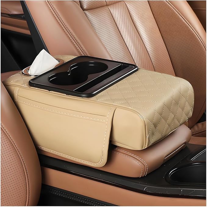 Car Armrest Cushion, 5-in-1 Nappa Leather Vehicle Centre Console Cover with 2 Storage Pockets, Cup Phone & Phone Holder, Multifunctional Auto Organiser Accessories, Universal Fit (Beige)