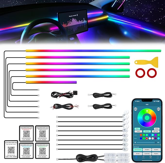 Dreamcolor Acrylic Interior Car LED Strip Light with Wireless APP, RGB 18 in 1 with 175 inches 612 LEDs Fiber Optic Strip Lights for Car, Dual Zone Symphony Neon Car Ambient Lighting