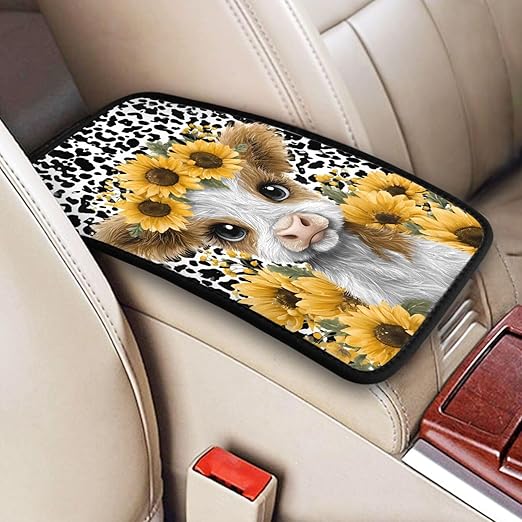 Highland Cow with Sunflowers Car Auto Armrest Cushion Cover Accessories Center Console Seat Box Pad Protector Universal Decoration for Most Vehicle SUV Truck