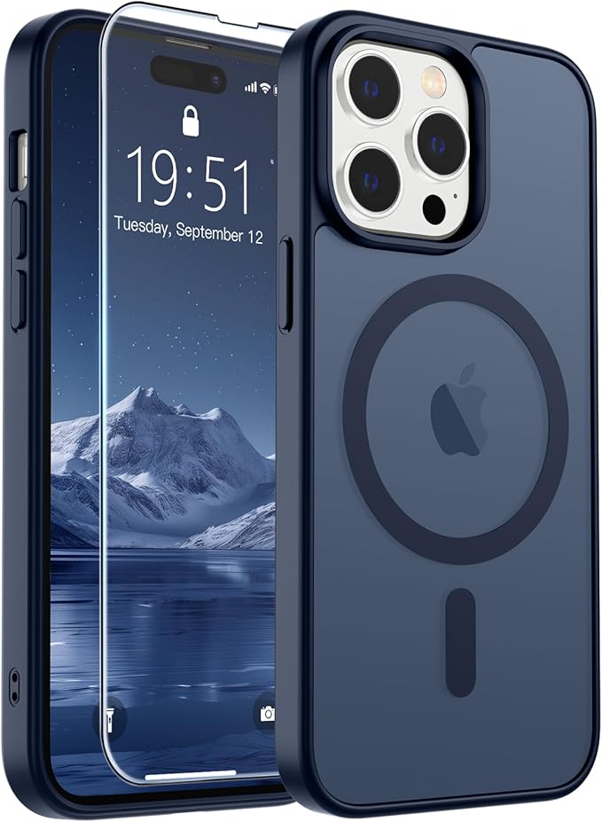 SUPFINE Magnetic for iPhone 14 Pro Case with Screen Protector (Compatible with MagSafe) (Military Grade Drop Protection) Translucent Matte Shockproof Phone Cover,Dark Blue