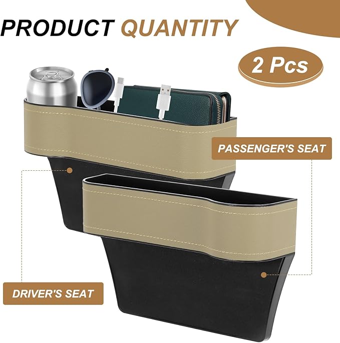 HARFINGTON 2pcs Car Seat Gap Filler Organizer 10.2 x 6.5 x 3.1 Inch ABS+Leather Universal Car Organizer Storage Box Between Seat and Console (Left+Right) with Cup Holders for Phone, Beige