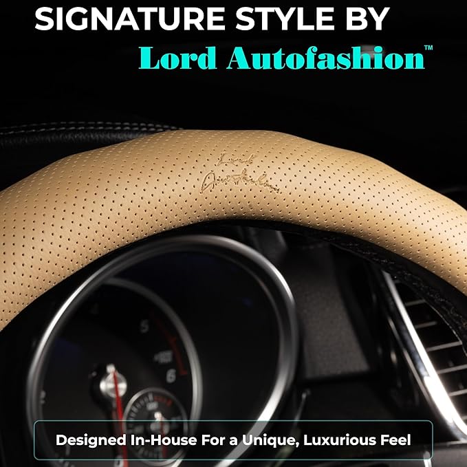 Lord Autofashion Steering Wheel Cover – PU Leather, Non-Slip Rubber Inner, All-Season Comfort – 14.5–15 Inch (Beige 8571)