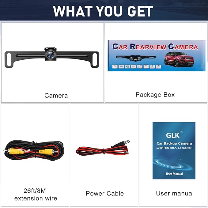 GLK Backup Camera Reverse Camera AHD 1080P Night Vision Rear View Camera, License Plate Backup Camera with 170 Degree Wide View Angle, IP69K Waterproof, for 12-24V Pickup Car Truck RV SUV