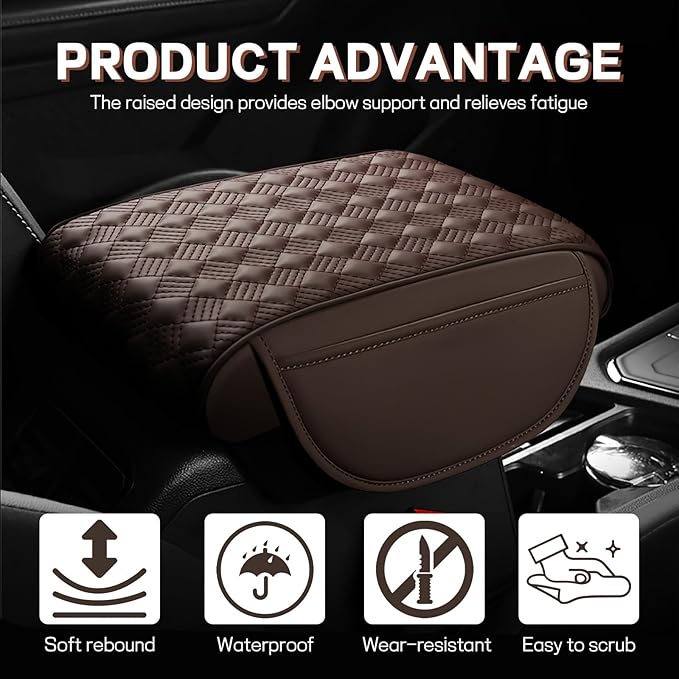 Car Armrest Cushion, 12.2"×8.3" Leather Auto Memory Foam Center Console Pad with Storage Pocket, Waterproof & Anti-Scratch Elbow Pillow Armrest Seat Box Protector, Universal Fit (Coffee)