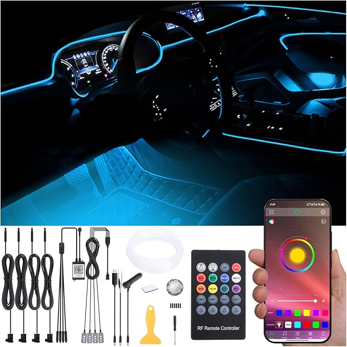 5 m Optic Fiber Car Ambient Lighting Kit Bluetooth App Control + RF Remote Control 64 Colors Multicoloured Music Interior Footwell Lighting Kit 12V 1W