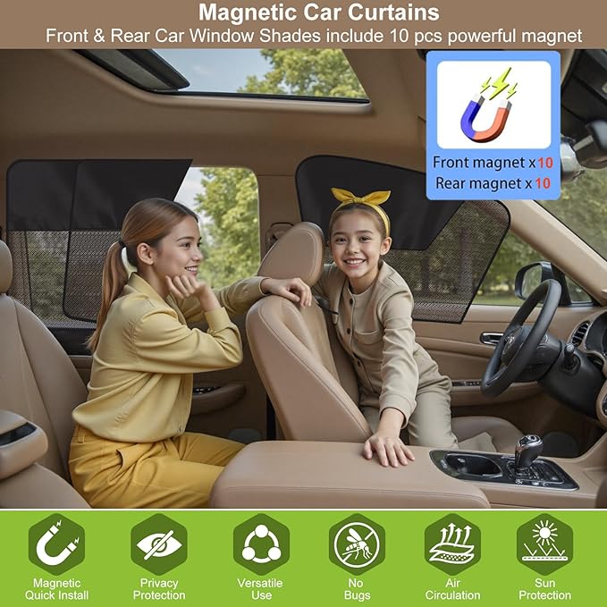 Car Side Window Sun Shades, 4 Pcs Magnetic Car Window Covers for Baby, Half Blackout & Half See-Through Privacy Curtains, Light Blocking&UV Protection Window Screen for Camp, Travel, Nap