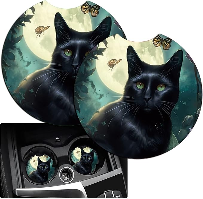 Car Armrest Cover Pads Universal Fashion Cute Auto Center Console Armrest Cover Pad with 2PCS Car Coasters Soft Waterproof Car Armrest Seat Protector for Women Girls, Black Cat