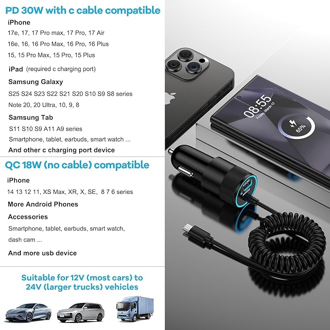 for iPhone 16e 17e 17 Pro Max Air, Fast Car Charger Adapter for iPhone 16e, 16, 16 Pro Max, 16 Plus, 15 Series, USB C Vehicle Phone Auto Automobile Plug with 2.8FT Coiled Cable Cord Fast Charging