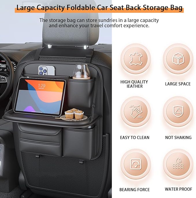 Backseat Car Organizer,5 Storage Pocketscar Seat Organizer,Car Storage Organizer with Foldable Food Tray,Car Seat Back Protectors Kick Mats Travel Accessories